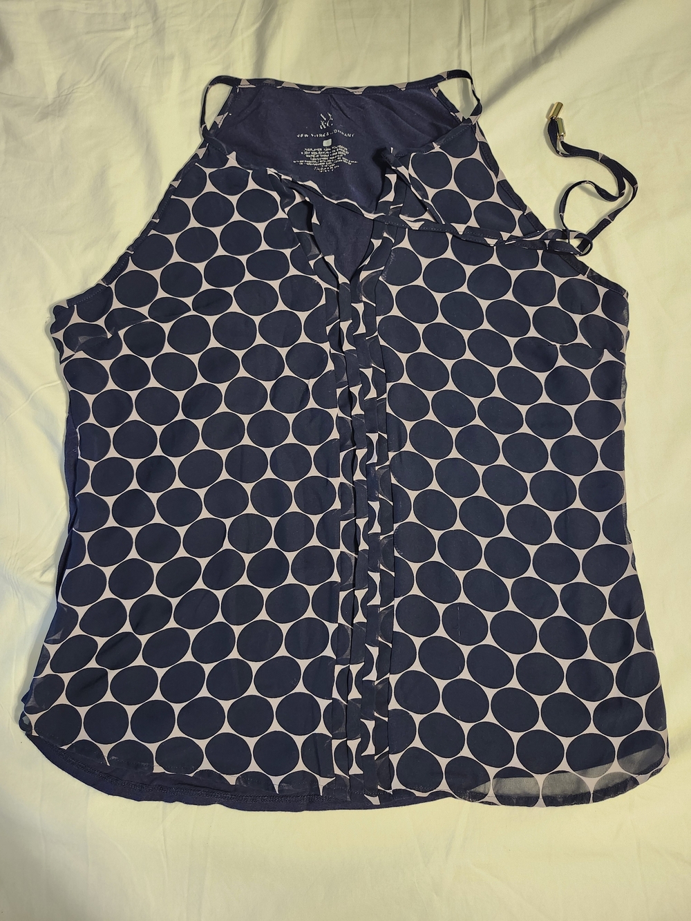 New York & Company Navy and White Polka Dot Ruffle Halter Tank